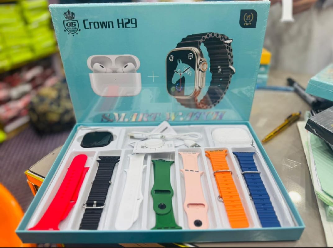 Crown H29 Smartwatch Combo – 7 Straps + Wireless Earbuds
